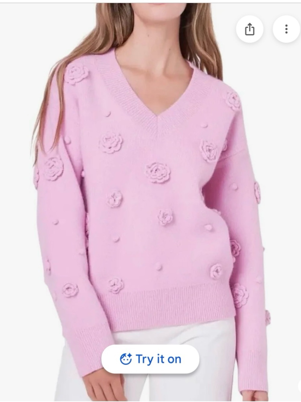 English Factory Pink V-Neck Floral Applique Sweater